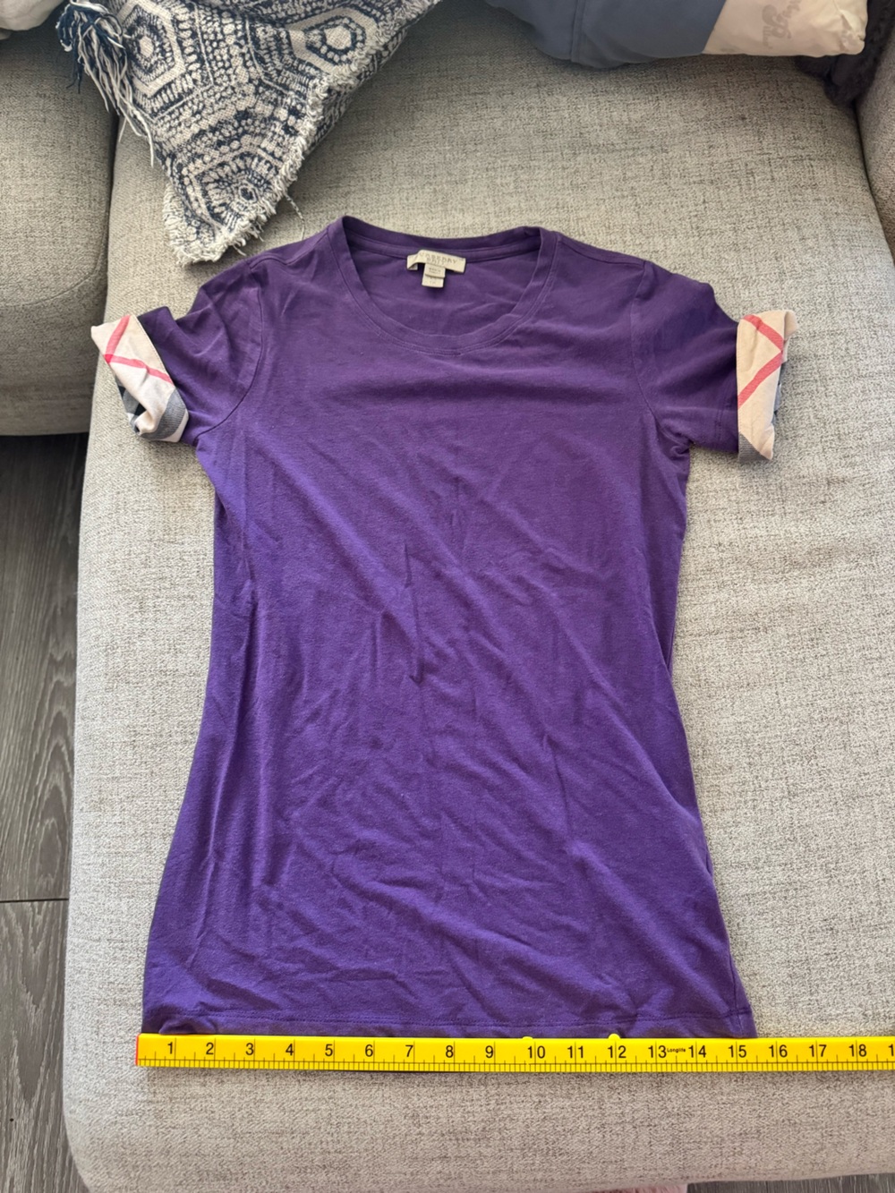 Burberry Purple Short Sleeve Tee with Check-Cuff Roll